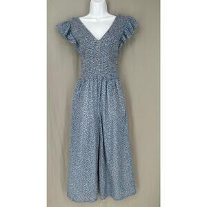 Rebecca Taylor Jumpsuit Womens Small Blue Floral Wide Leg Cottage Boho Ruffle
